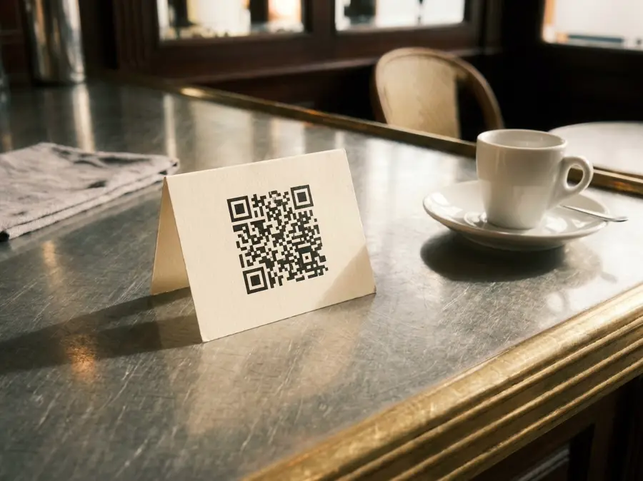Un chevalet en carton portant un QR code, posé sur le comptoir en zinc d'un café, près d'une tasse.