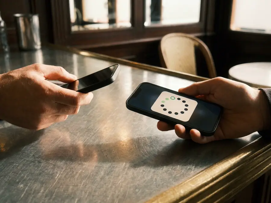 Deux téléphones face à face au-dessus du comptoir : le commerçant scanne la carte du client.